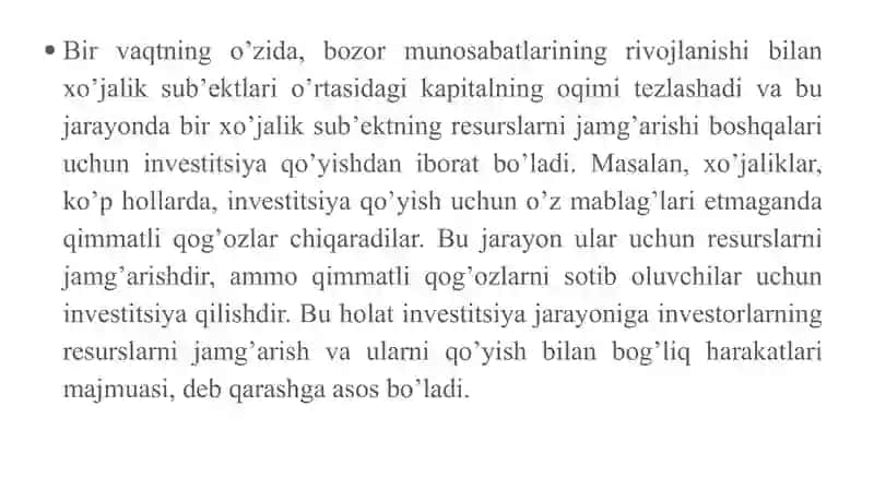 INVESTITSIYA JARAYONLARINING MAZMUNI VAASOSIY BOSQICHLARI 4