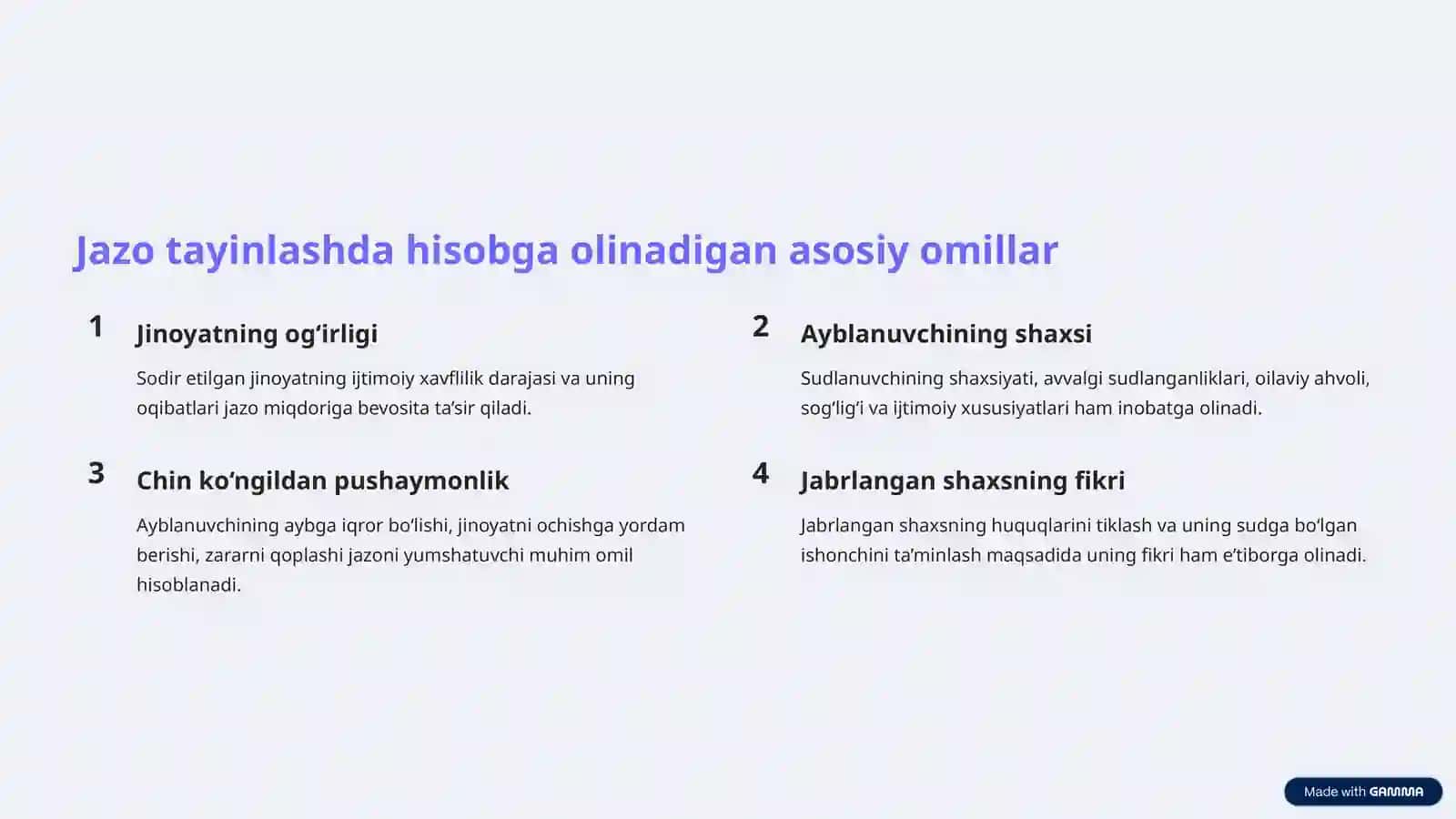 Aybga iqrorlik to‘g‘risida kelishuv tuzilgan jinoyatlar bo‘yicha jazo tayinlash 4