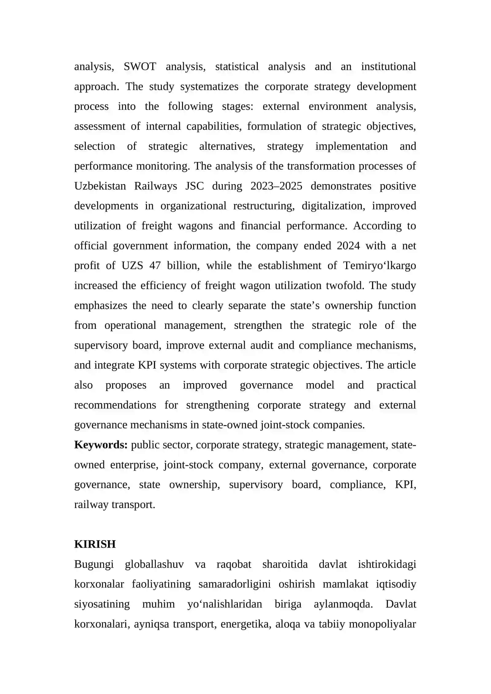 DAVLAT SEKTORIDA KORPORATIV STRATEGIYANI ISHLAB CHIQISHNING ASOSIY BOSQICHLARI VA TASHQI BOSHQARUV MEXANIZMLARI: “O‘ZBEKISTON TEMIR YO‘LLARI” AJ MISOLIDA 4