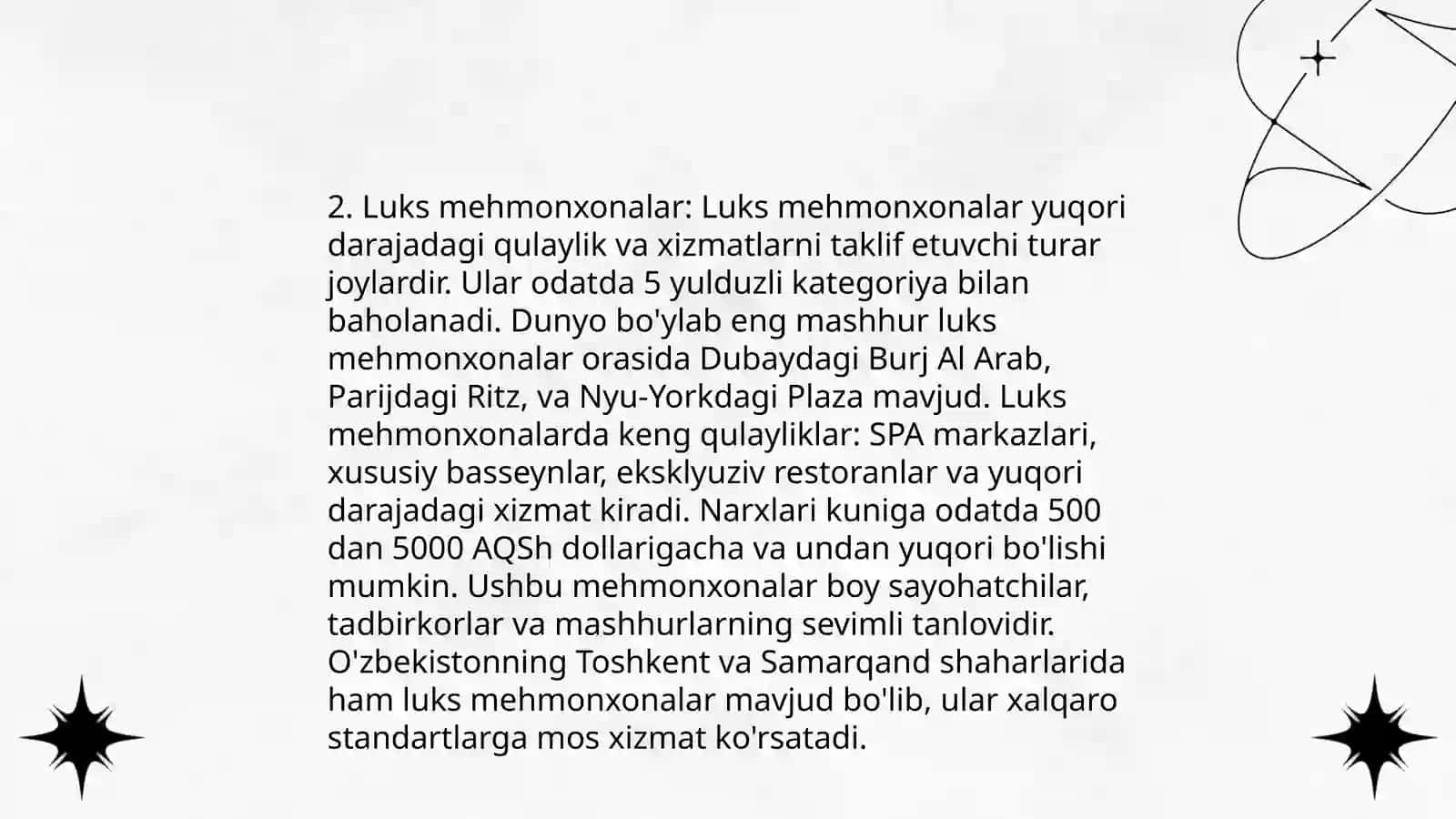 Mehmonxona va ularning kategoriya boʻyicha turlari 4