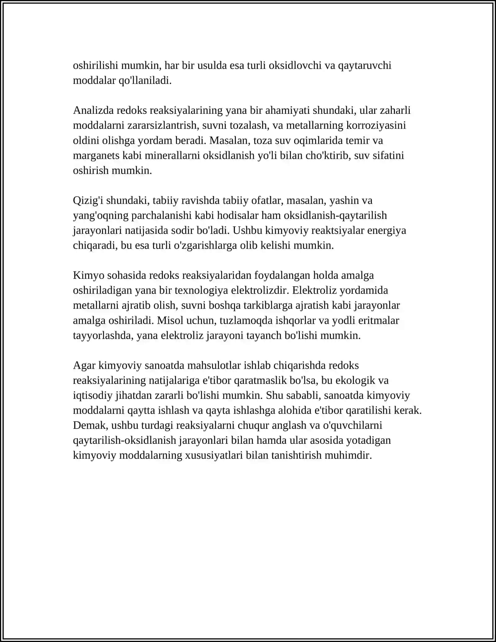 OKSIDLANISH VA QAYTARILISH USULI. OKSIDLANISH-QAYTARILISH REAKSIYALARINING ANALIZDA AHAMYATI 4