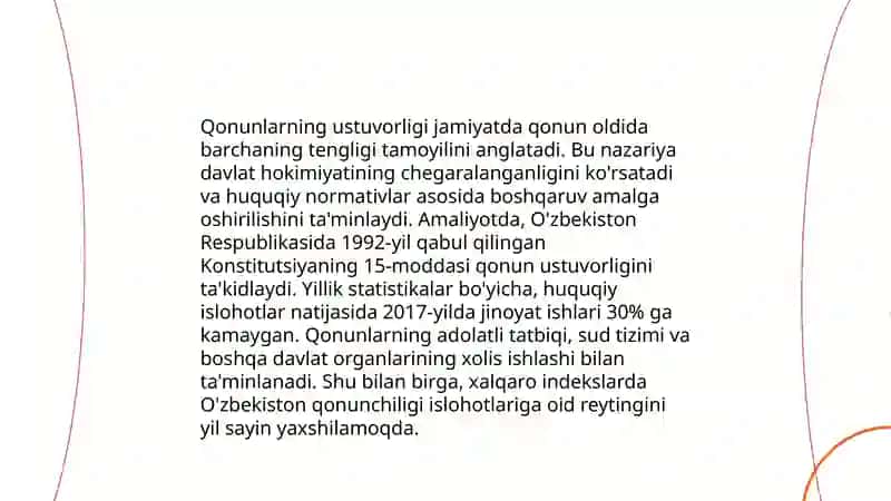 Mamlakat adolatli va qonun ustuvorlik tamoyillarini taraqqiyotning eng asosiy chòqqiga chiqarish 4
