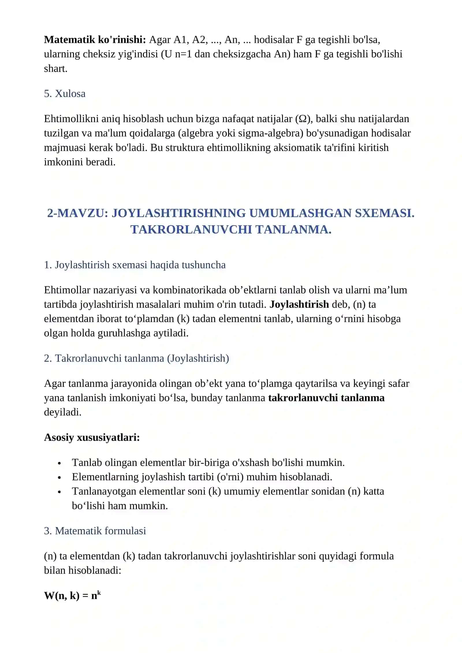 1-mustaqil ish.HODISALAR VA ULARNING TURLARI. HODISALAR ALGEBRASI VA SIGMA-ALGEBRASI 4