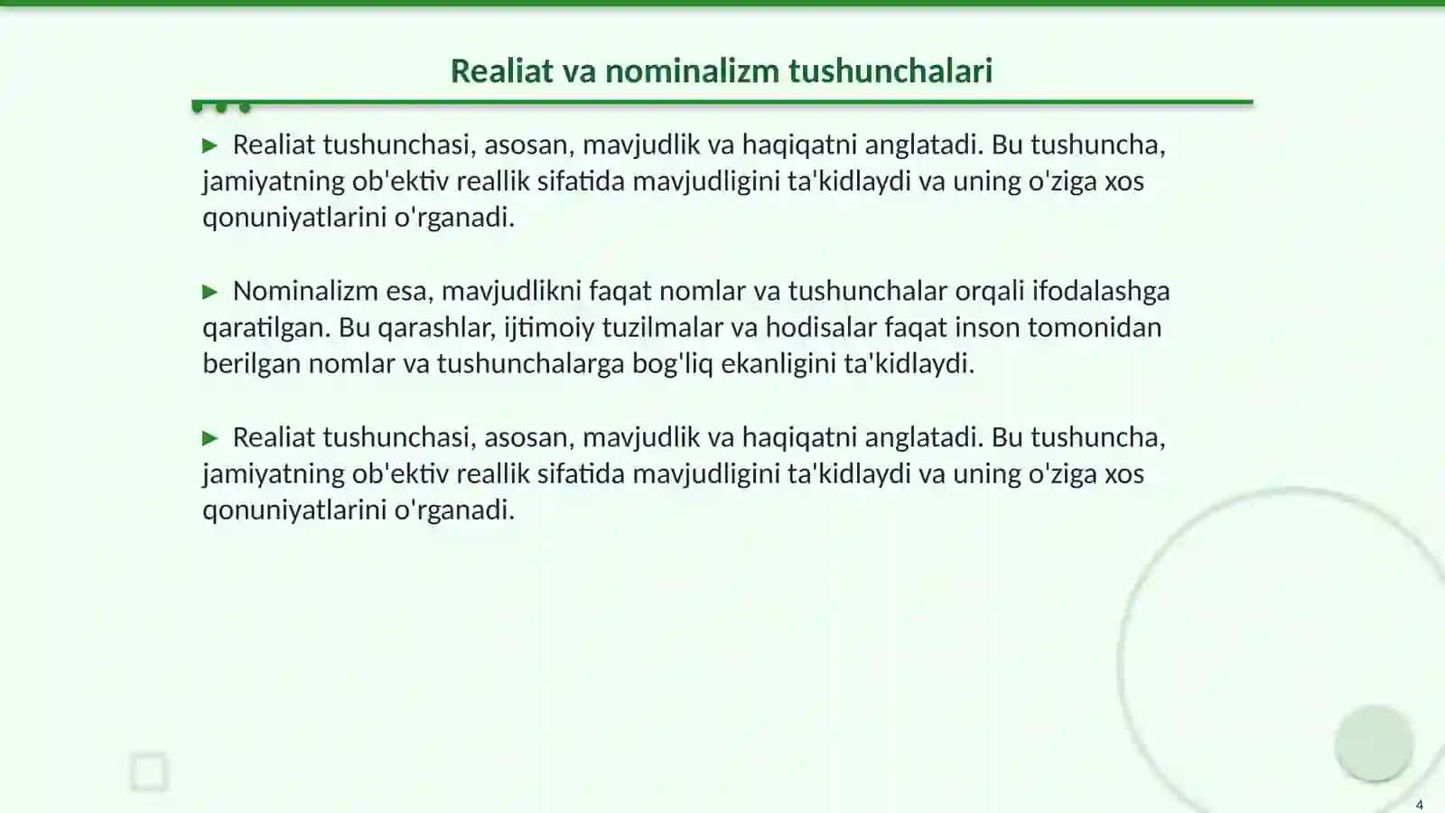 Jamiyat falsafasining asosiy antologik masalalaridan biri bo´lgan jamiyatning mavjudligi haqidagi realiat va nominalist qarashlarni tushuntiring 4