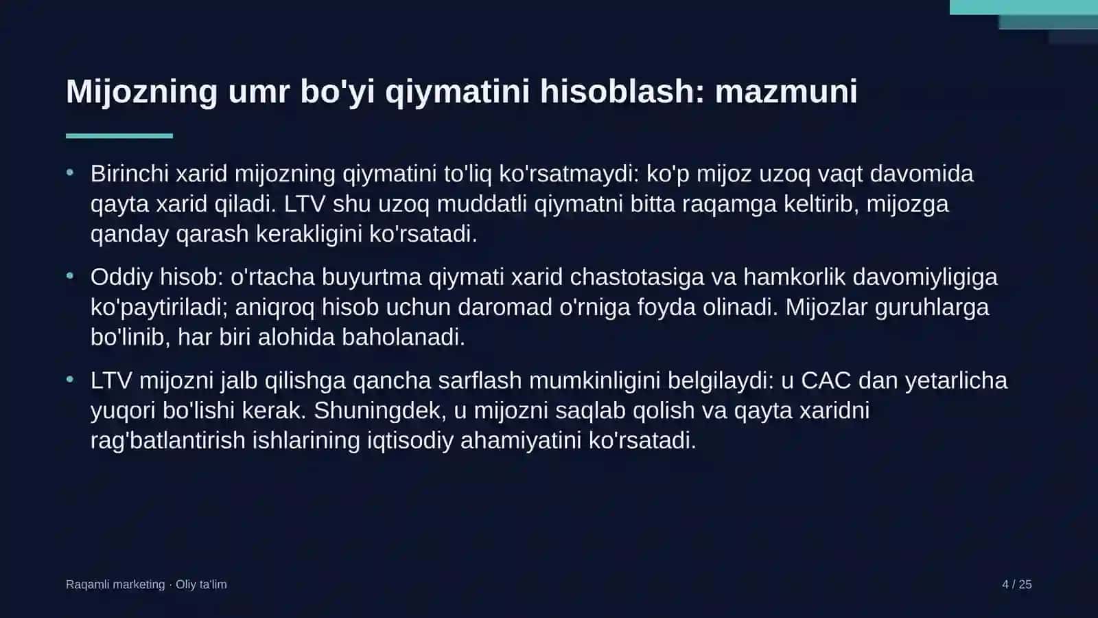 Kosmetika do'konlarida mijozning umr bo'yi qiymatini hisoblash 4