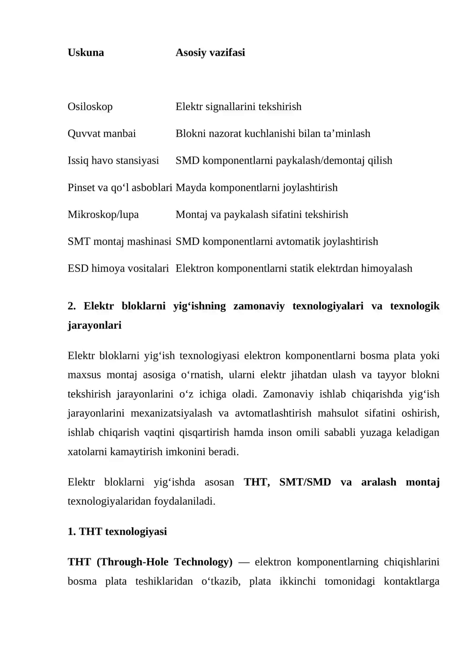 mustaqil ish Elektr bloklarni yig‘ishda qo‘llaniladigan uskunalar va texnologiyalarni tahlil qilish. 4