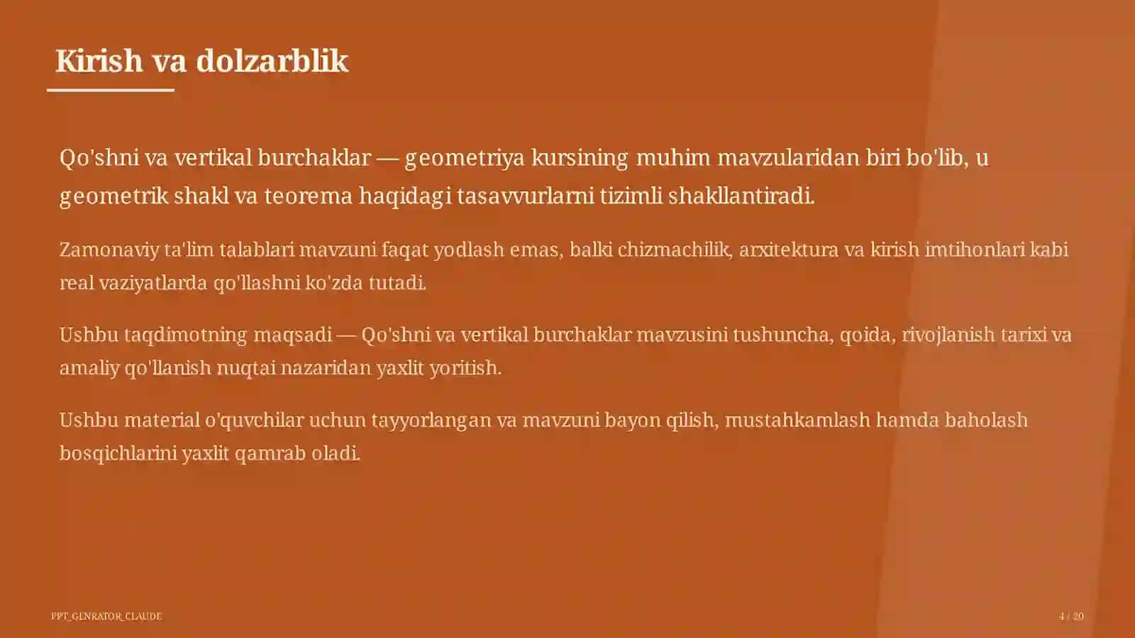 Qo'shni va vertikal burchaklar (7-sinf) 4