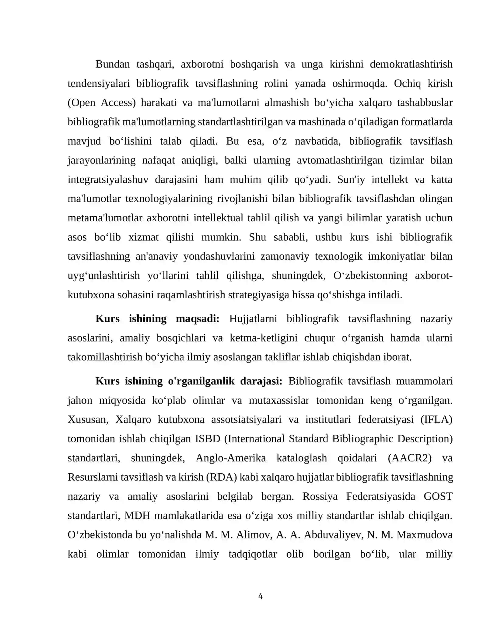 KURS ISHI: HUJJATLARNI BIBLIOGRAFIK TAVSIFLASH BOSQICHLARI VA KETMA-KETLIGINI O’RGANISH 4