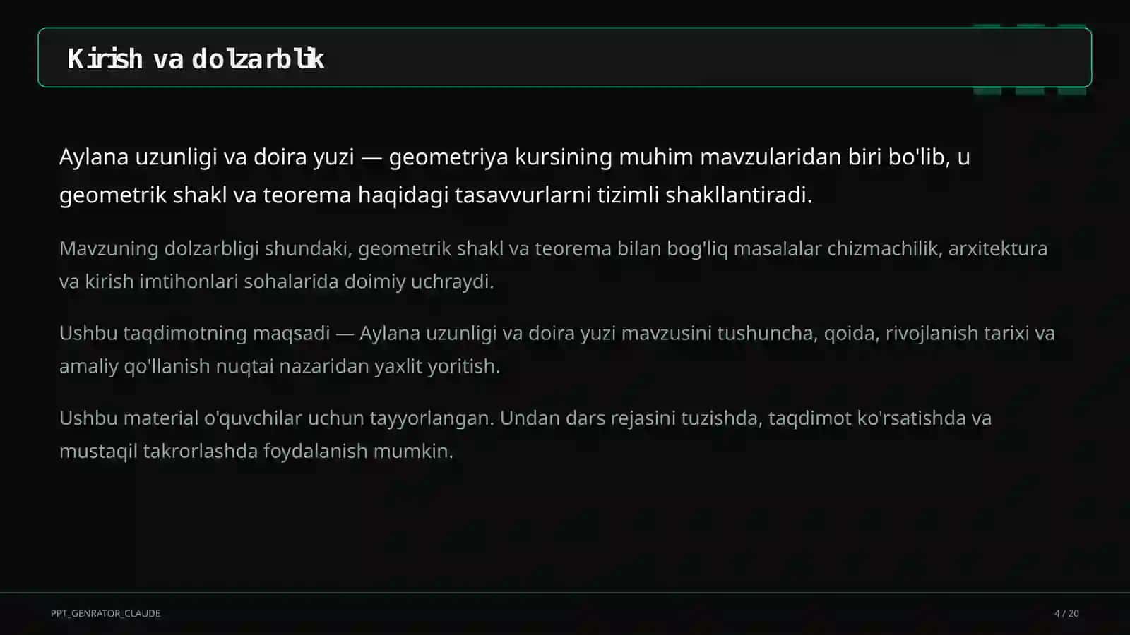 Aylana uzunligi va doira yuzi (9-sinf) 4