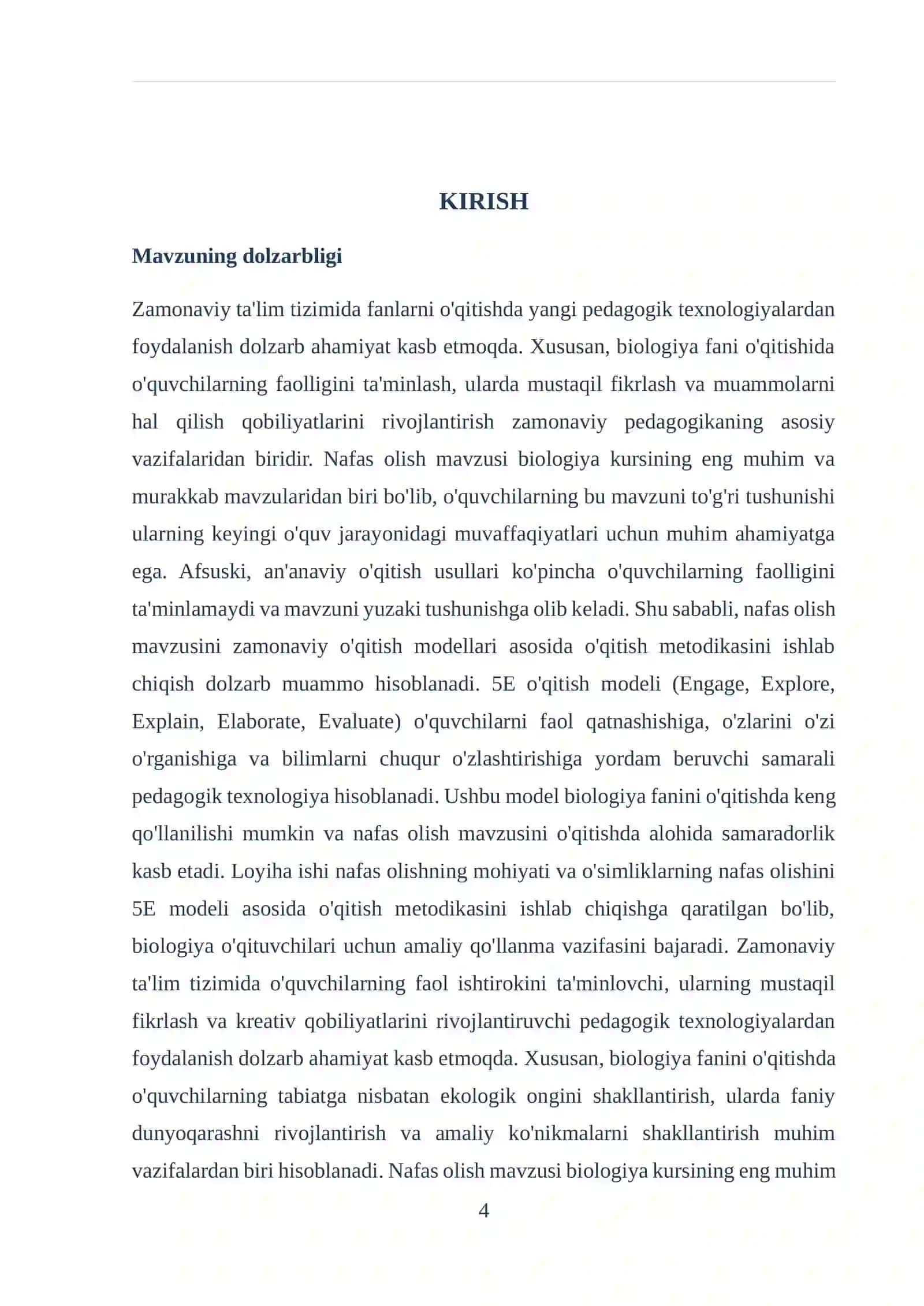 "NAFAS OLISHNING MOHIYATI VA O'SIMLIKLARNING NAFAS OLISHINI 5E MODELI ASOSIDA O'QITISH METODIKASI" loyiha ishi 4
