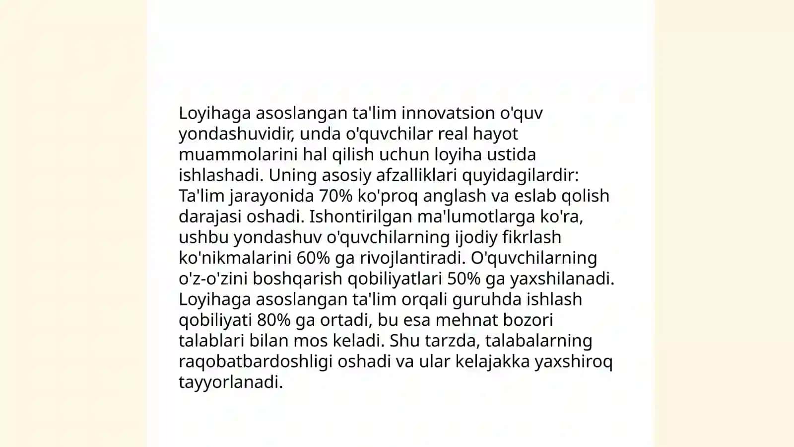 Loyihaga asoslangan ta'lim va jamoaviy ijodiy faoliyat texnalogiyalar Raimova Mohichehra 4