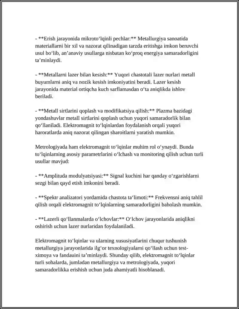 ELEKTROMAGNIT TO'LQINLAR VA ULARNING METALLURGIYA VA METROLOGIYADA QO'LLANILISHI 4