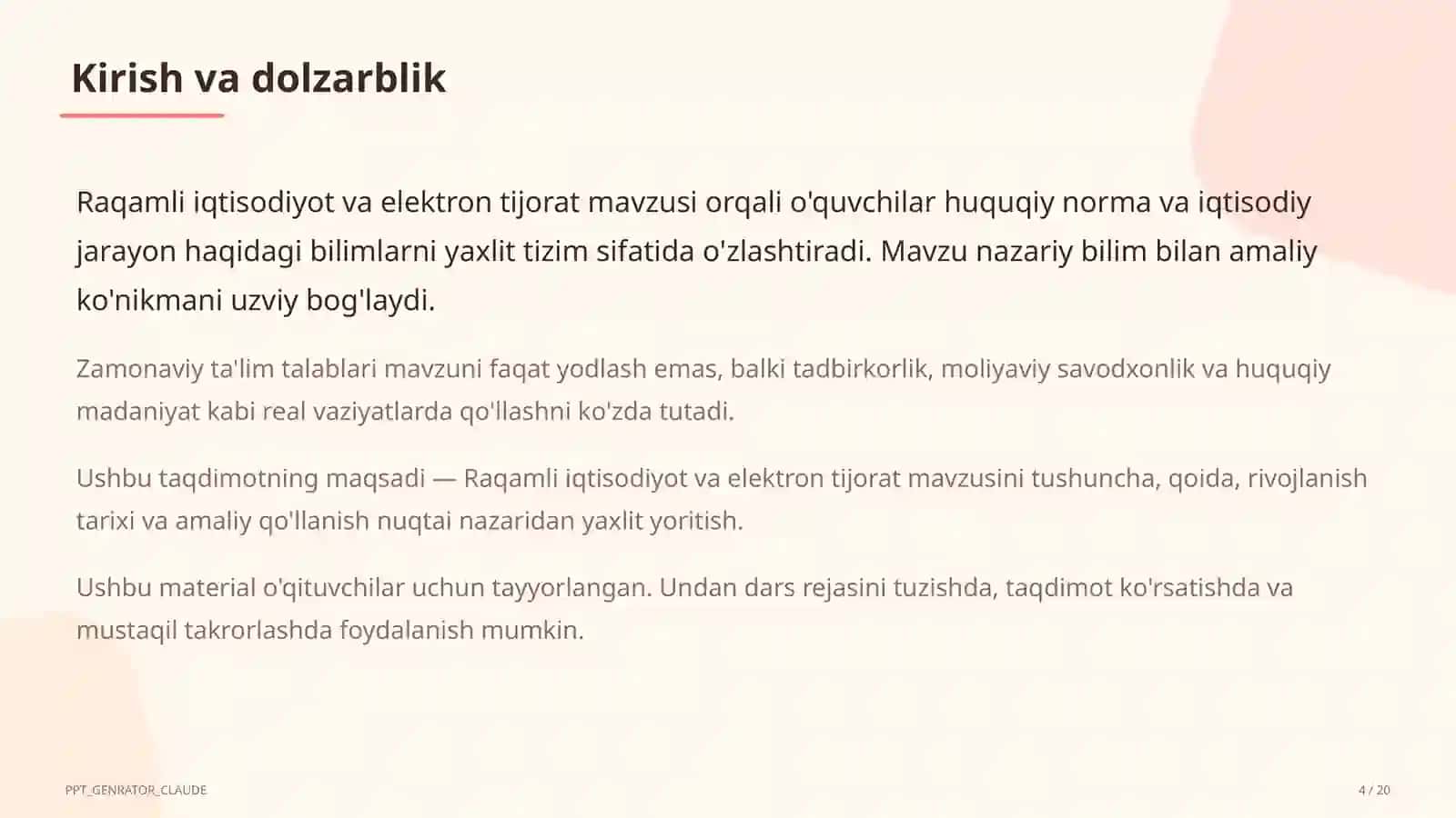 Huquq va iqtisodiyot asoslari (9–11) — o'qituvchilar uchun 4