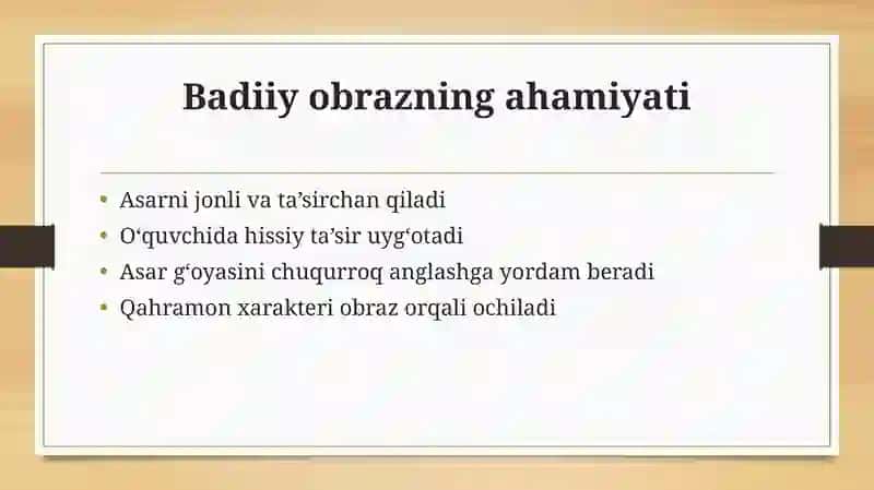 "Badiiy obraz xususiyatlari"  taqdimot (slayd) 4