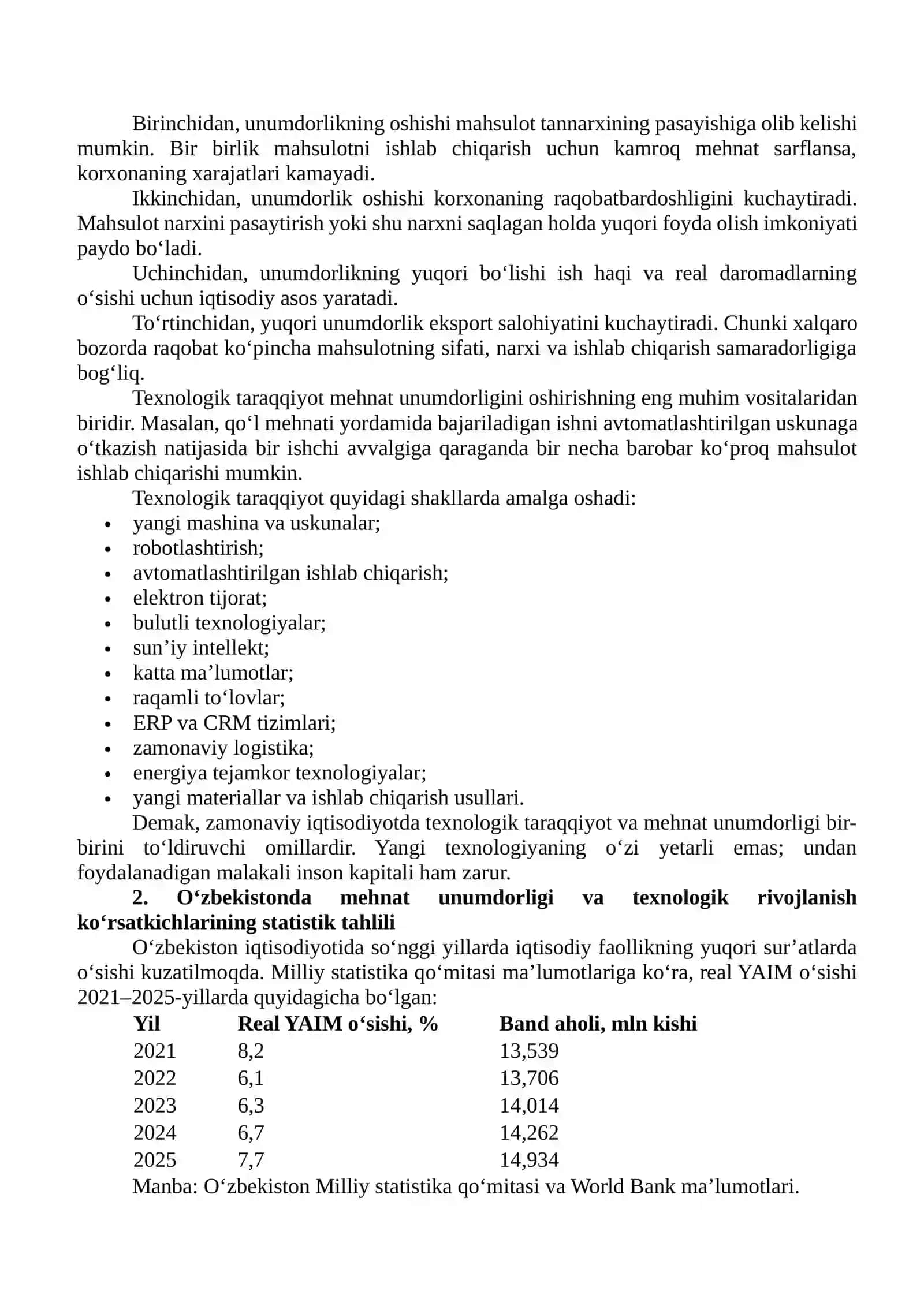 MEHNAT UNUMDORLIGI VA TEXNOLOGIK TARAQQIYOTNING IQTISODIY O‘SISHDAGI ROLINI STATISTIK MA’LUMOTLAR ASOSIDA BAHOLASH 4