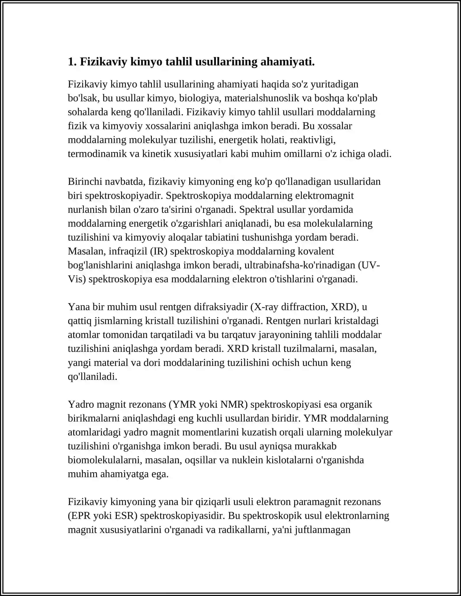 FIZIKAVIY KIMYO FANINI ZAMONAVIY TAHLIL USULLARINI O‘RGATISHDAGI HAMDA KIMYO TEXNALOGIYA SOHALARINI RIVOJLANTIRISHDAGI O‘RNI 4