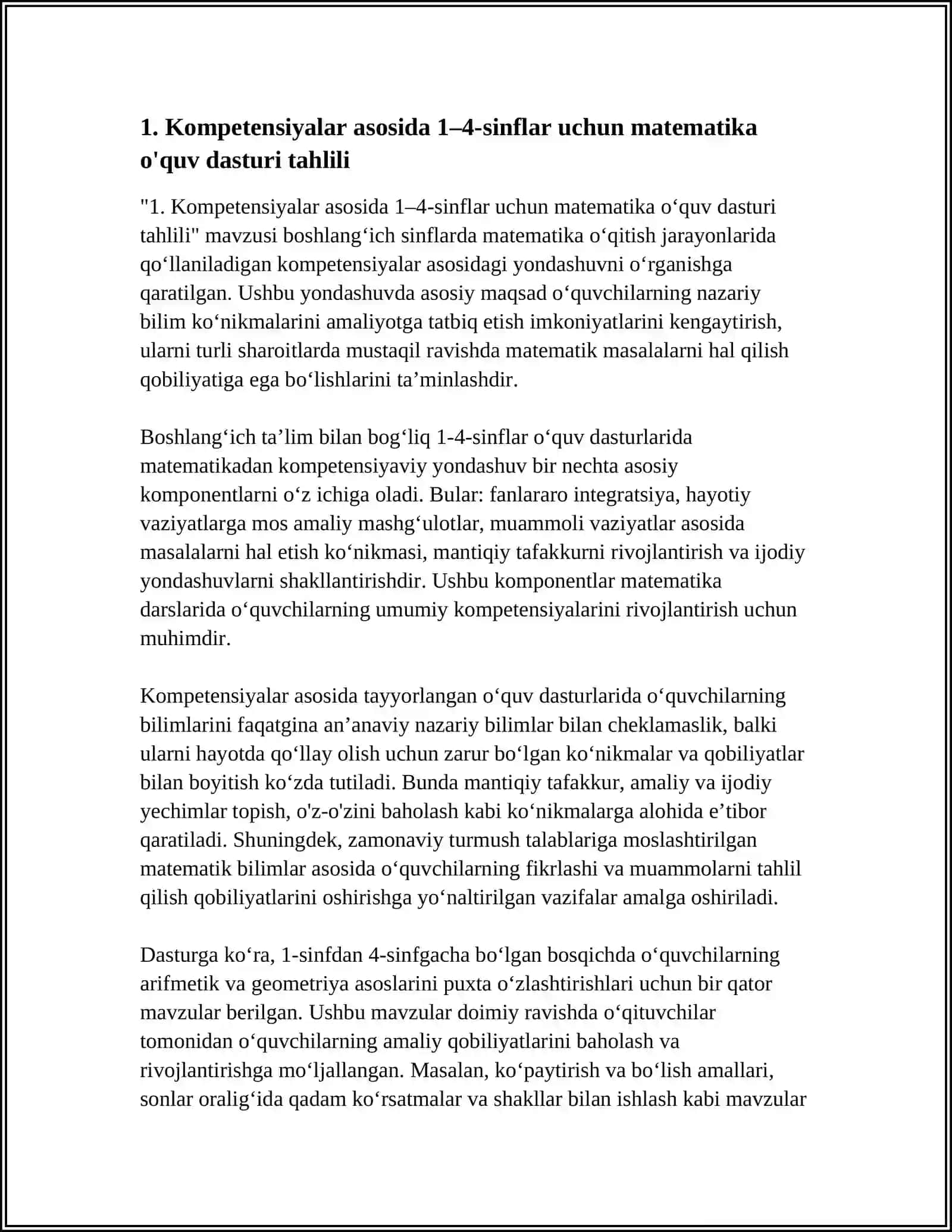 "Kompetensiyalar asosida 1–4-sinflar uchun matematika o'quv dasturi tahlili" 4