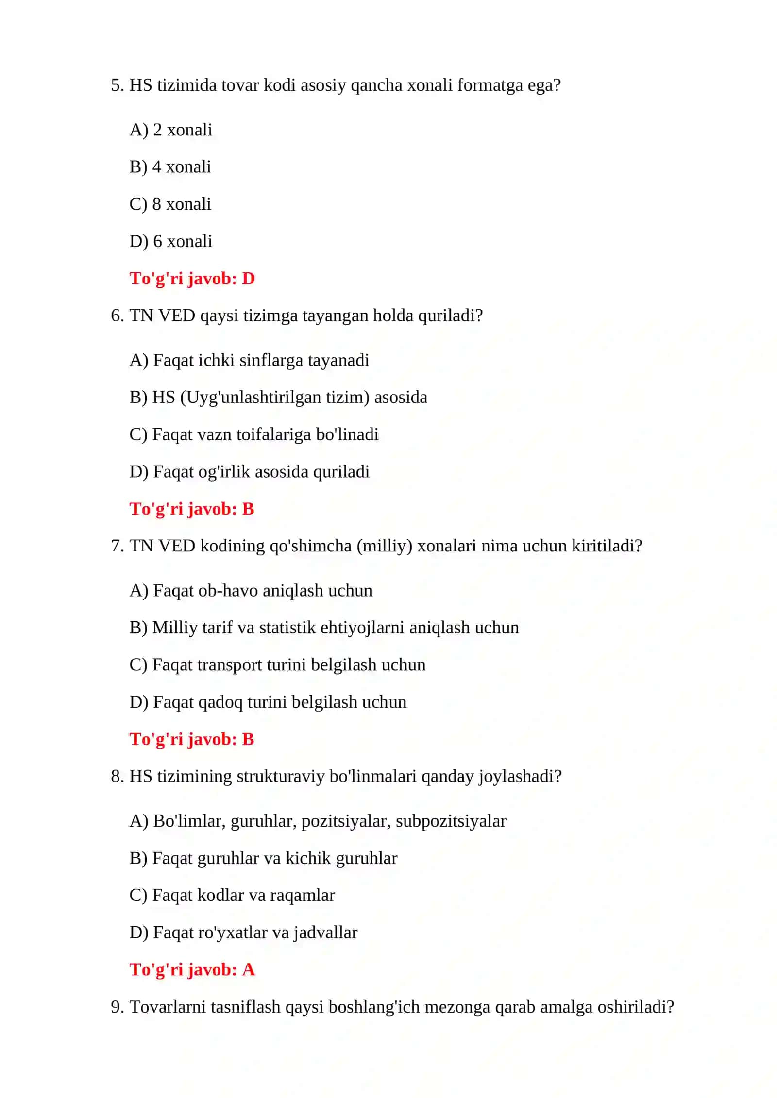BOJXONA STATISTIKASI IMTIHON TESTLARI 4
