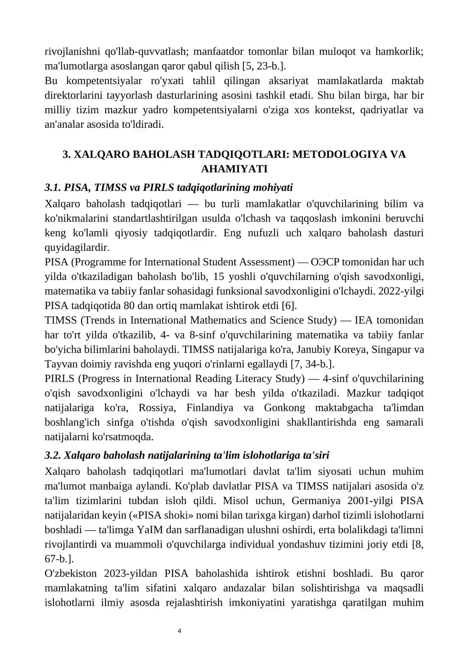 TA'LIM MENEJMENTI VA BOSHQARUVI: KADRLAR TAYYORLASH, MALAKA OSHIRISH, XALQARO BAHOLASH TADQIQOTLARI 4