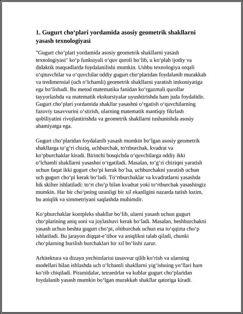 GUGURT CHOʼPLARI YORDAMIDA GEOMETRIK SHAKLLAR YASASH. MATEMATIK EKSKURSIYALAR TASHKIL ETISH METODIKASI. MATEMATIK KONKURS OʻTKAZISH METODIKASI. MATEMATIKADAN KOʻRSATMA QUROLLAR VA MODELLAR YASASH 4