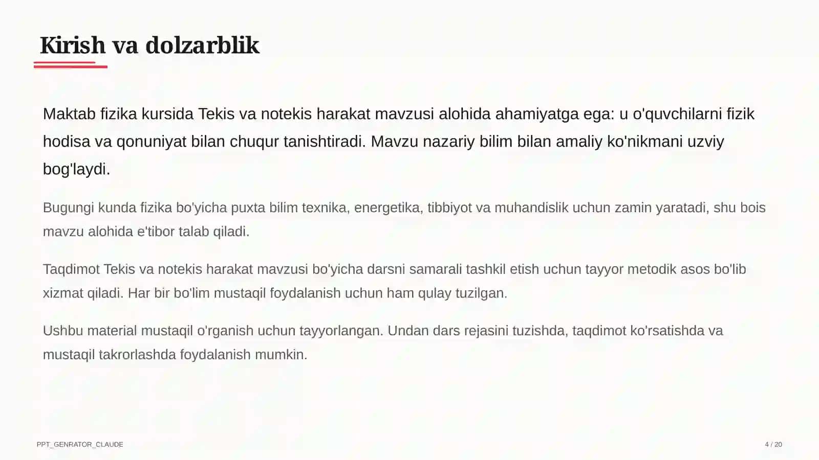 Tekis va notekis harakat (7-sinf) Fizika (6– 11) 4