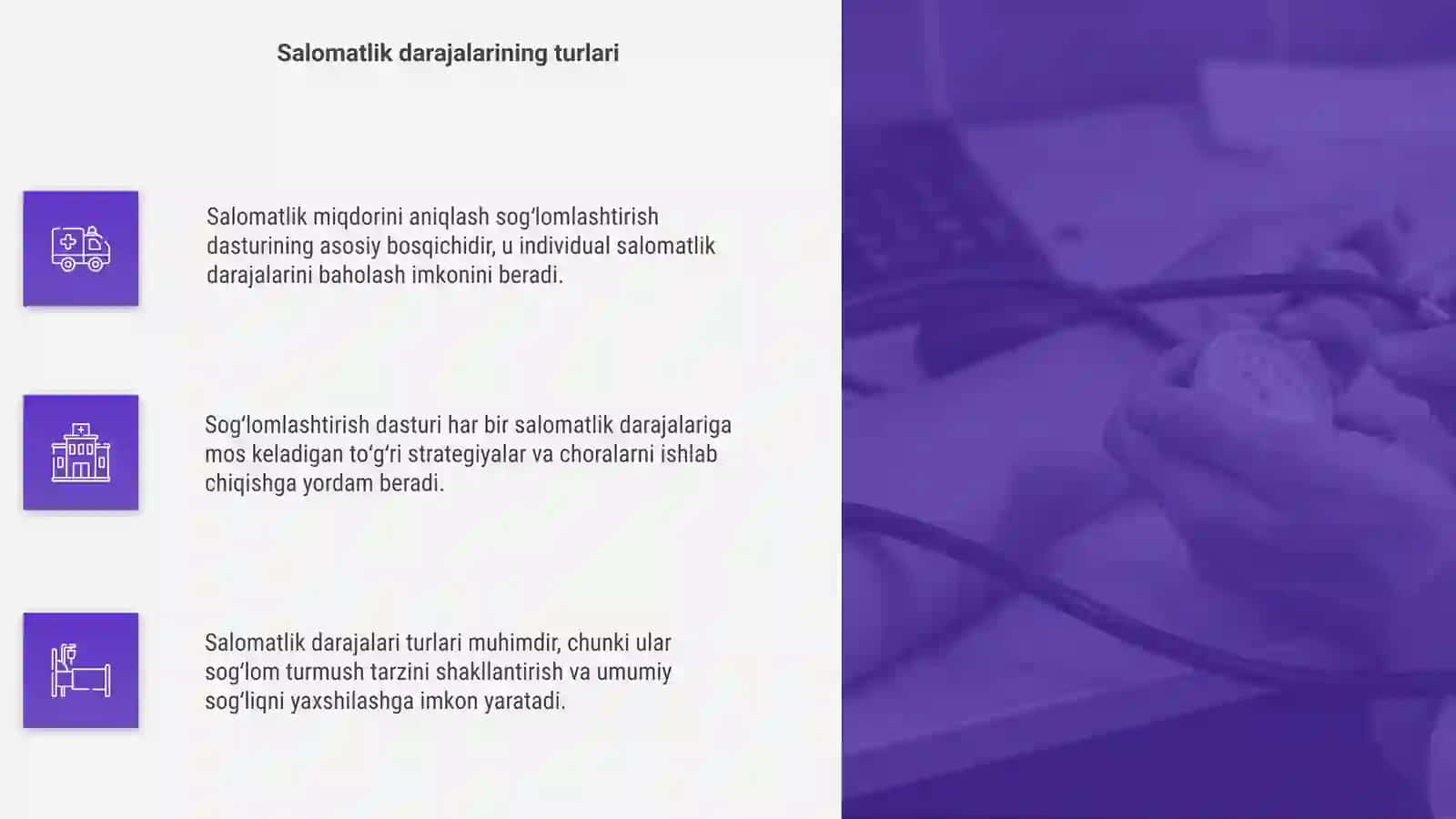 Salomatlik miqdorini aniqlash salomatlik darajalariga qarab sogʻlomlashtirish dasturini yaratish 4