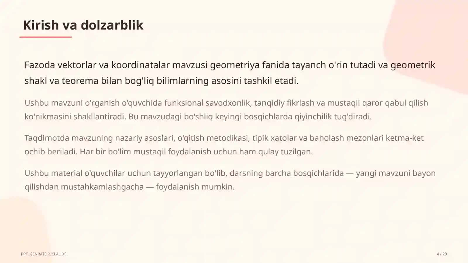 Fazoda vektorlar va koordinatalar (11-sinf) 4