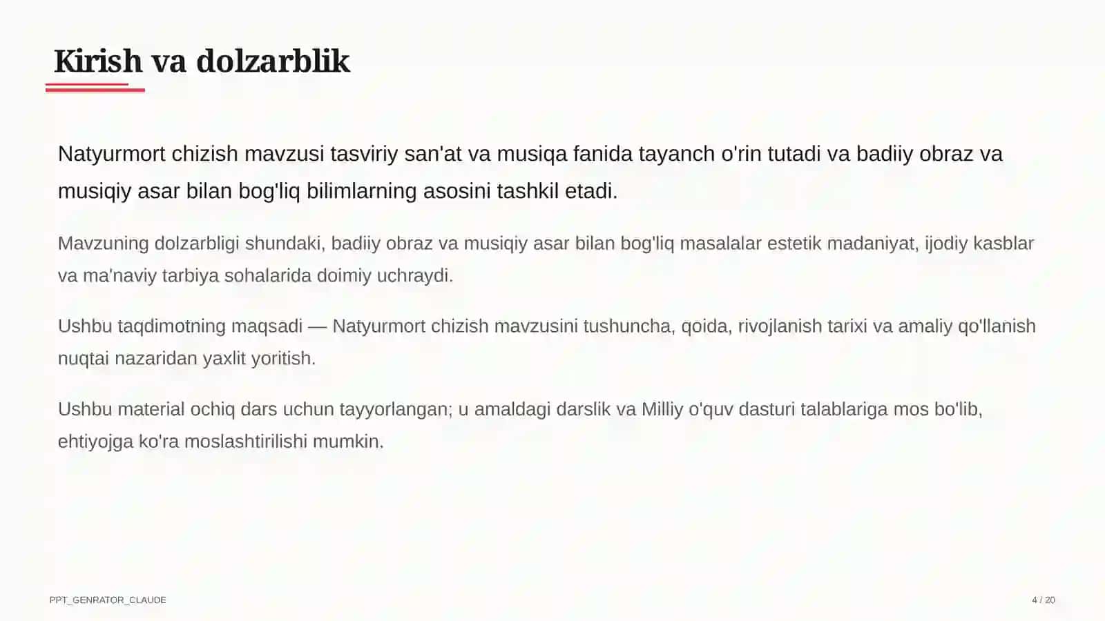 Tasviriy san'at va musiqa (1–7) - ochiq dars uchun 4