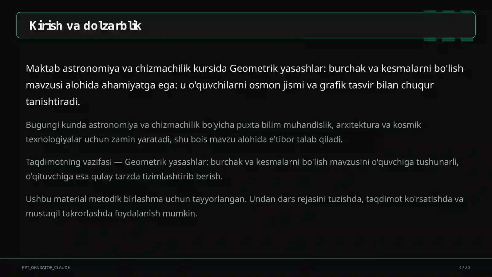 Geometrik yasashlar: burchak va kesmalarni bo'lish (8-sinf) 4