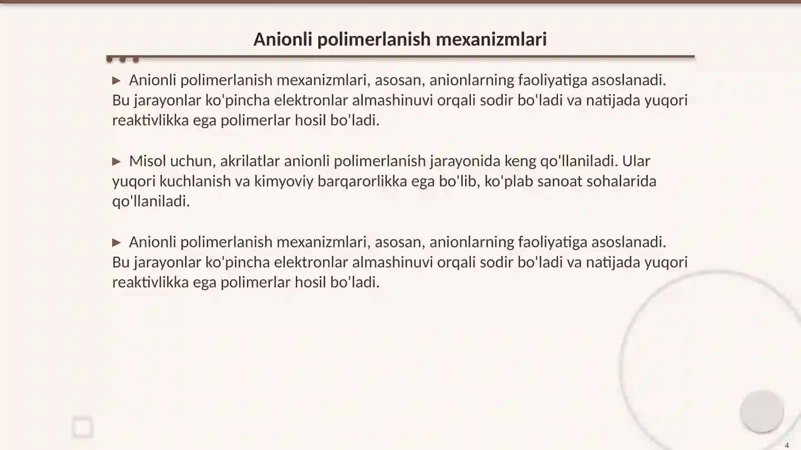 Anionli va kationli polimerlanish reaksiyalari va ularning o'ziga xos hususiyatlari 4