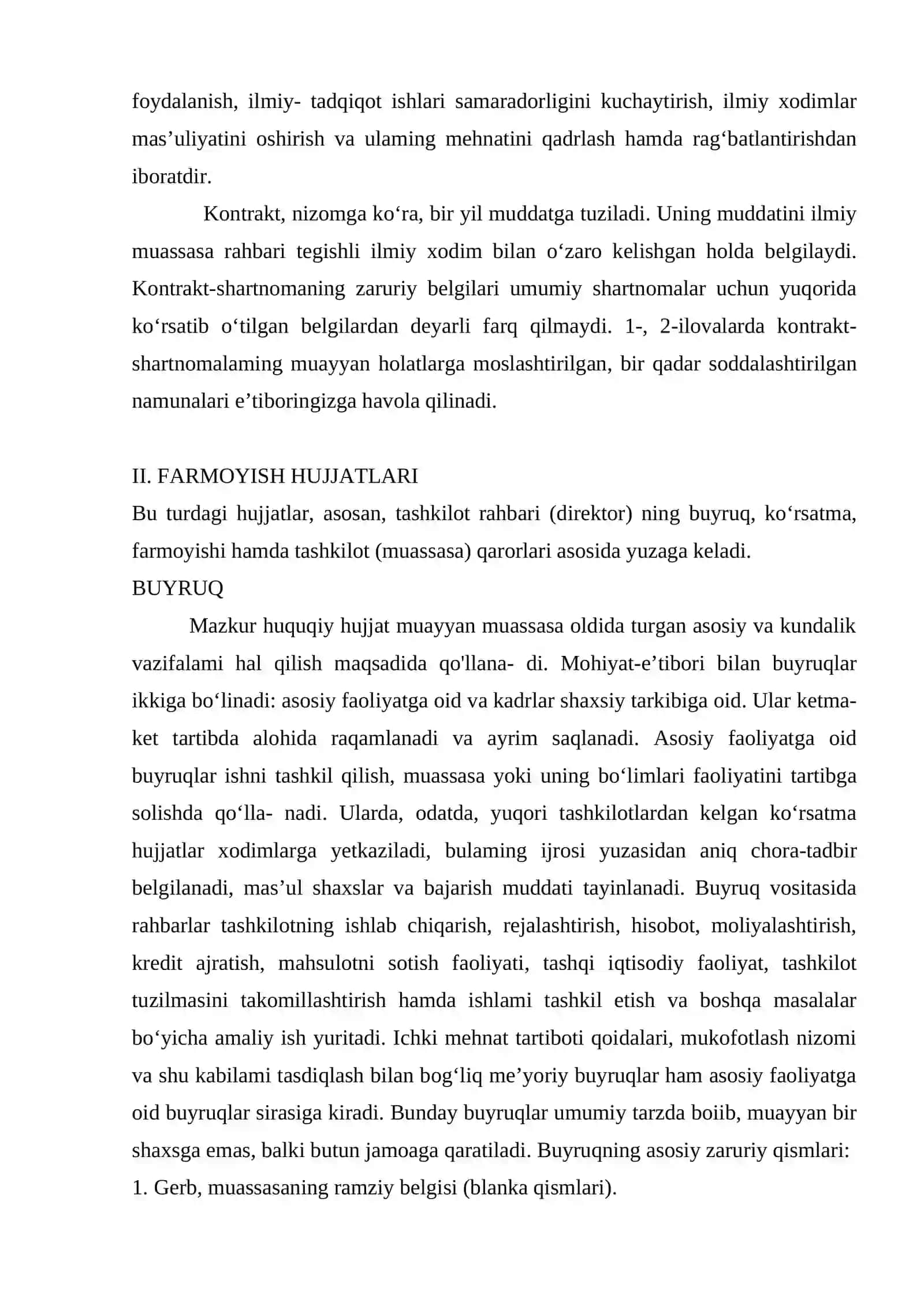 TASHKILIY VA FARMOYISH HUJJATLAR: SHARTNOMA, BUYRUQ HUJJATLARINING YOZILISH TARTIBI. FARMOYISH, GUVOHNOMANING TUZILISHI, ZARURIY QISMLARI 4