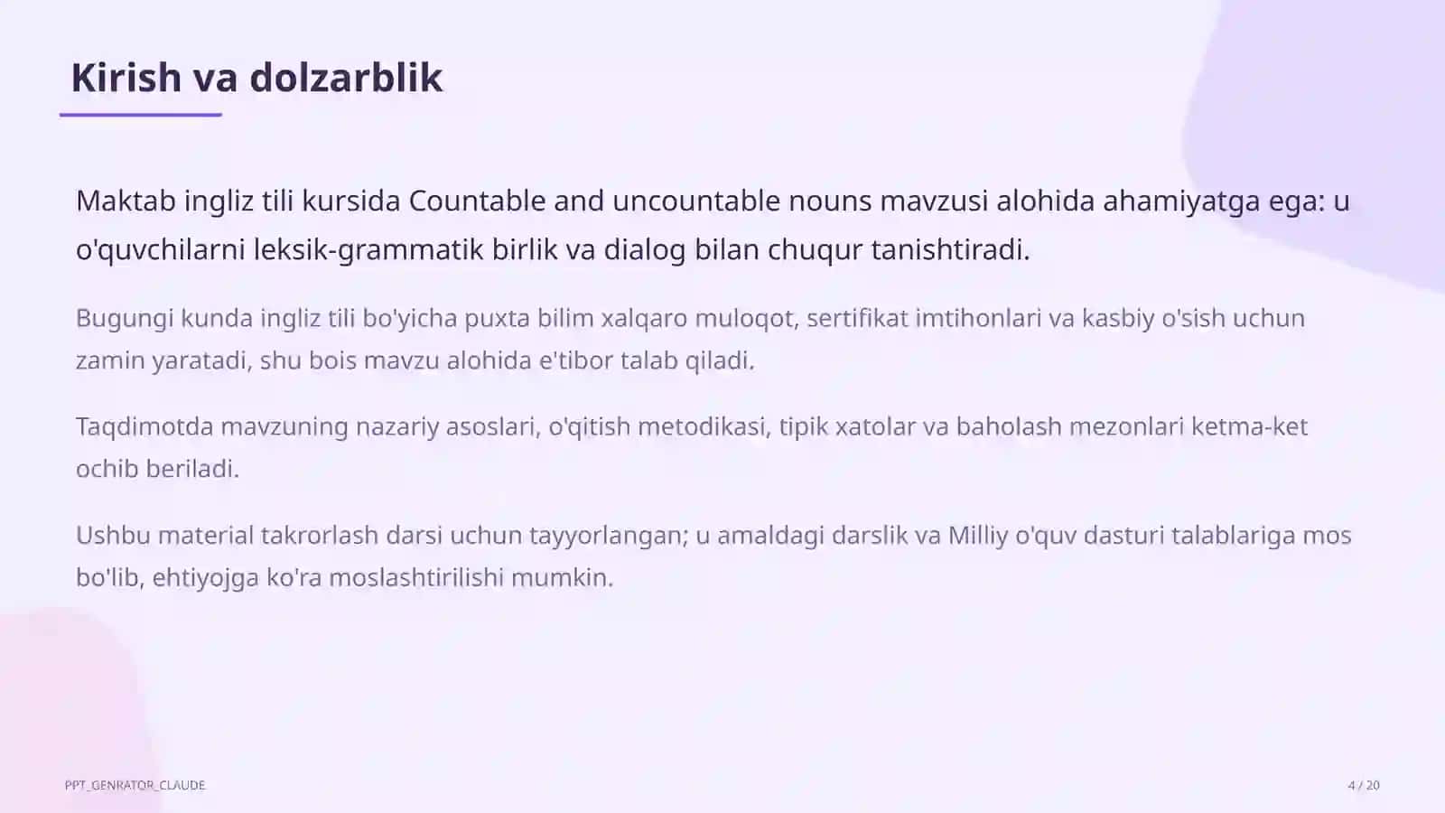 Countable and uncountable nouns (5-sinf) 4