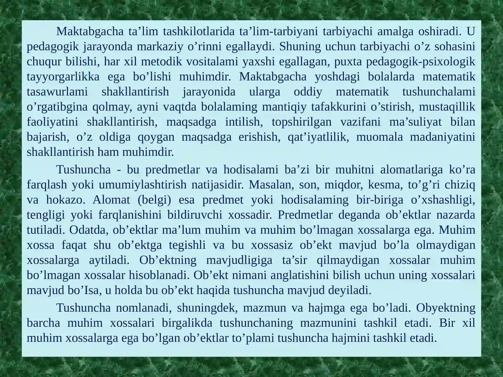 5-mavzu:Maktabgachayoshdagibolalardamatematikrivojlanish,intellektualqobiliyatlarta’limmodulisifatida,F.Frebelningdidaktiktizimi, STEAMta’limmodulisifatida 4