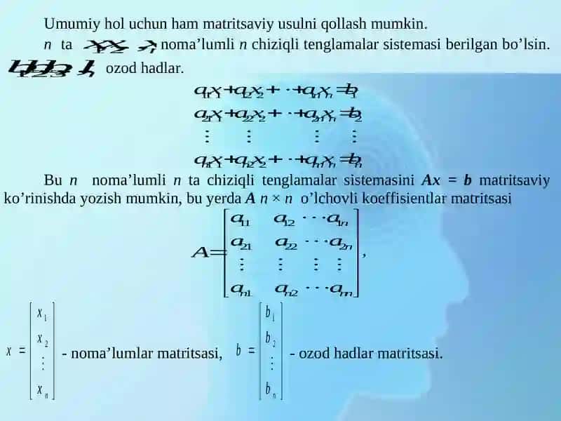 CHIZIQLI TENGLAMALAR SISTEMASINI YECHISHNING MATRITSALAR USULI. KRAMER QOIDASI 4