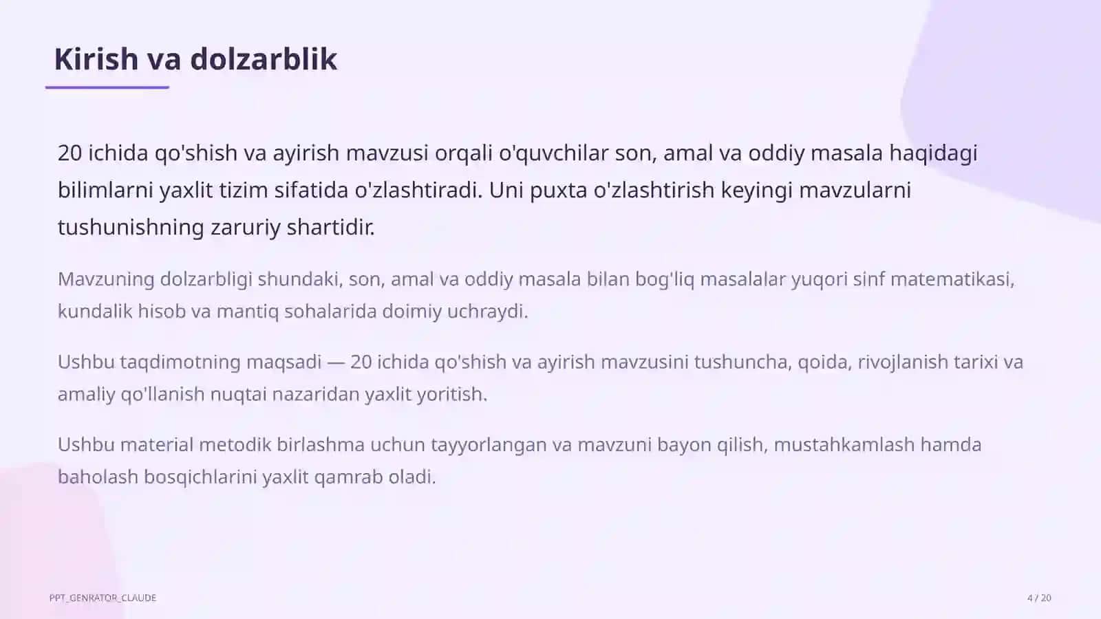 Boshlang'ich sinf: Matematika (1– 4