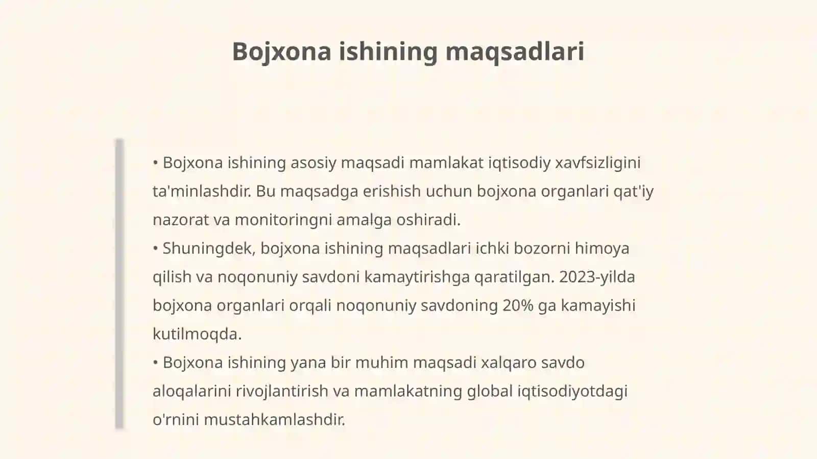 Bojxona ishi vazifasi maqsadi predmeti 4