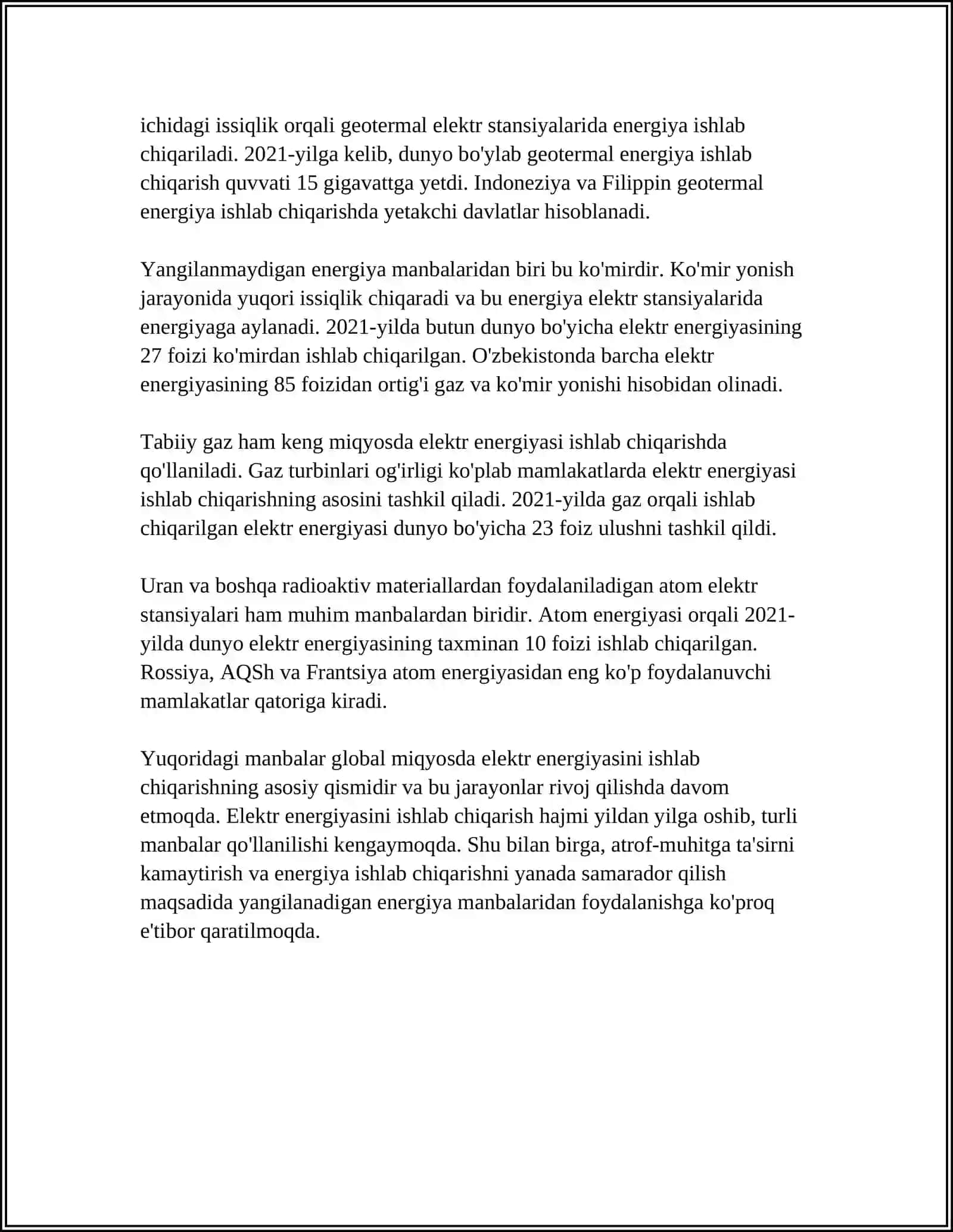 ELEKTR ENERGIYASI UNI XOSIL QILISHNING USULLARI. SANOAT ELEKTROENERGETIKASINING PAYDO BOʻLISHI VA RIVOJLANISH BOSQICHLARI 4