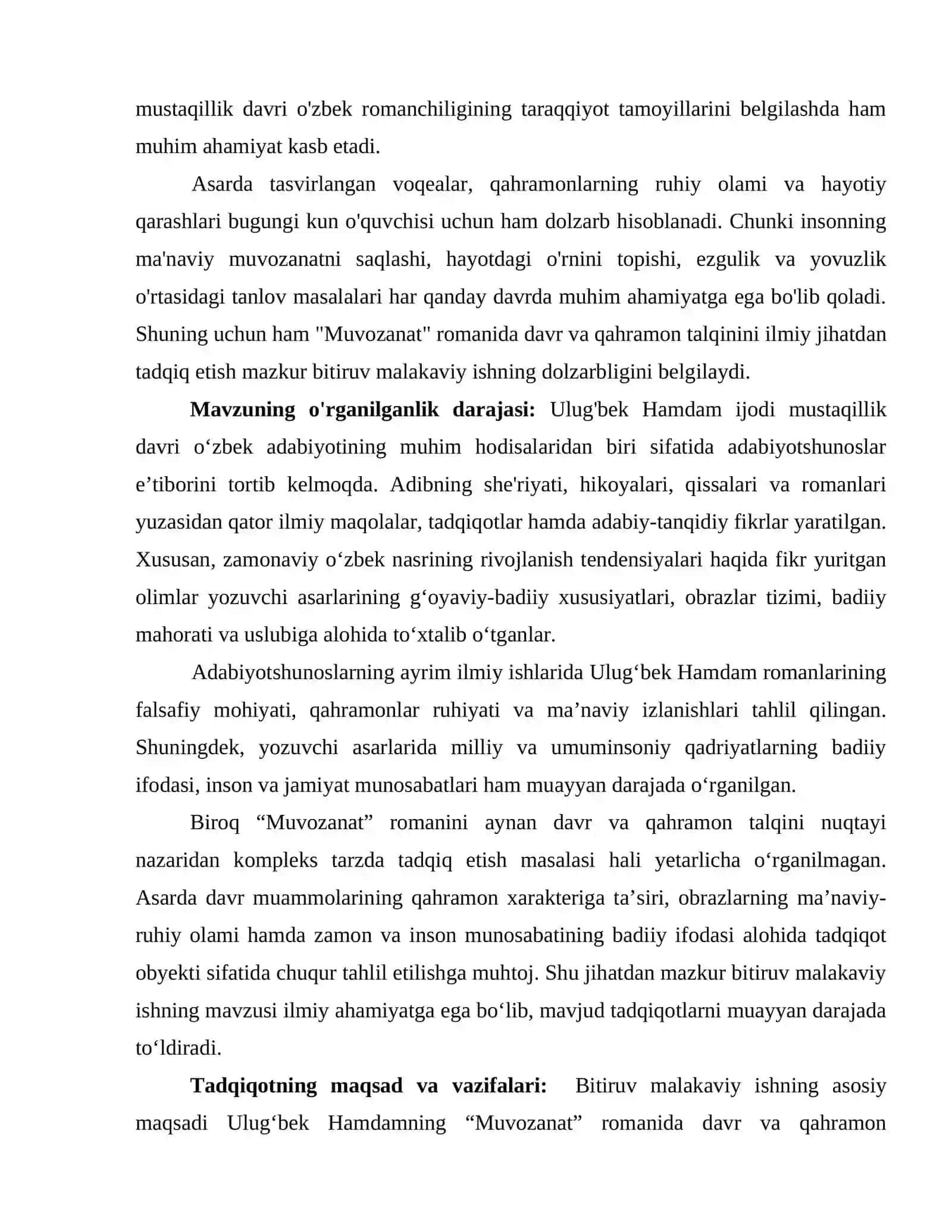 ULUG'BEK HAMDAMNING “MUVOZANAT” ROMANIDA DAVR VA QAHRAMON TALQINI 4