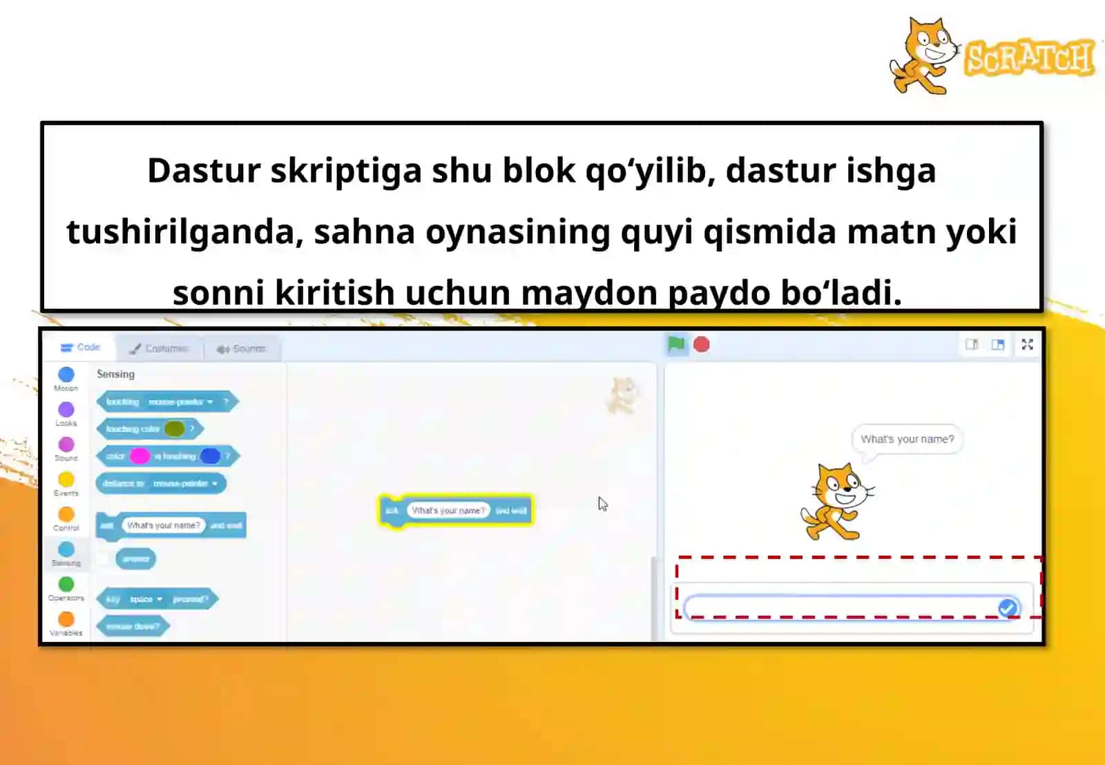 Scratch dasturiga asosiy ko'rsatmalar aks wait (so'raladigan va kutish) buyruqlari 4