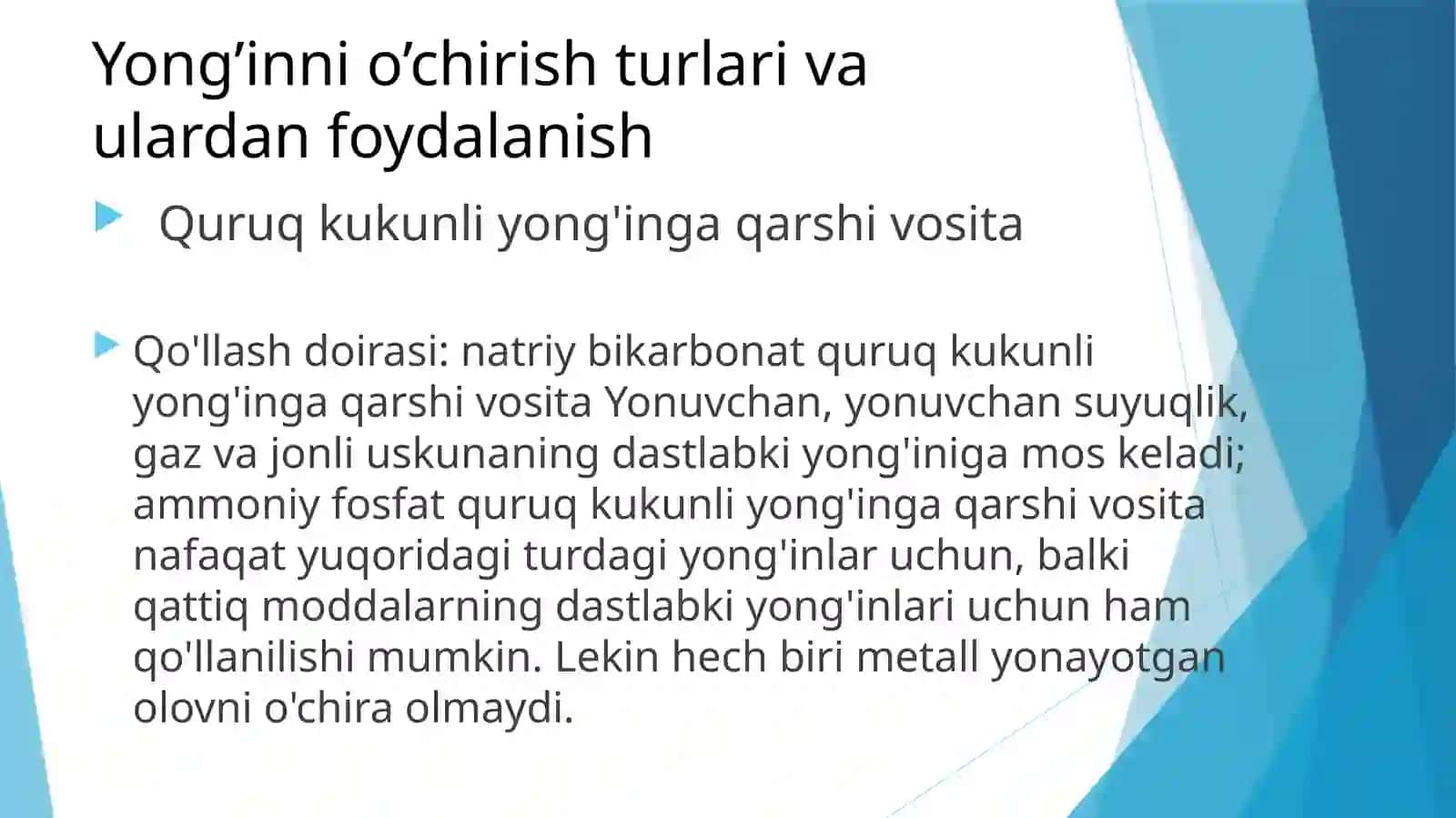 Olov va yong'inlarni o'chirishning asosiy usullari 4