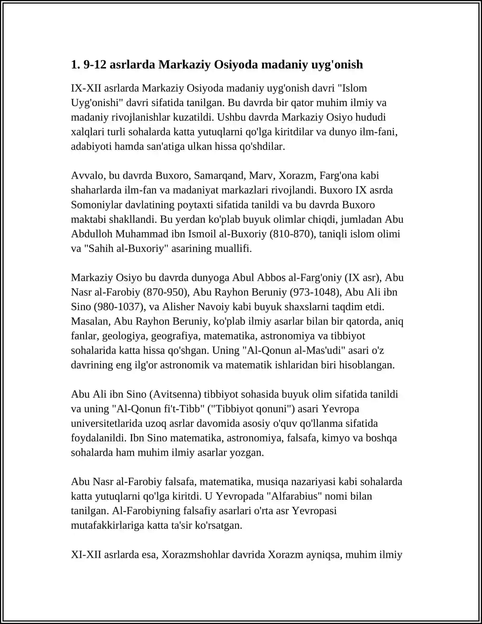 9-12 ASRLARDA MAMLAKATIMIZ HUDUDIDA RO'Y BERGAN MADANIY UYG'ONISH.BUYUK ALLOMALARNING JAHON SIVILIZATSIYASIGA QO'SHGAN HISSASI 4
