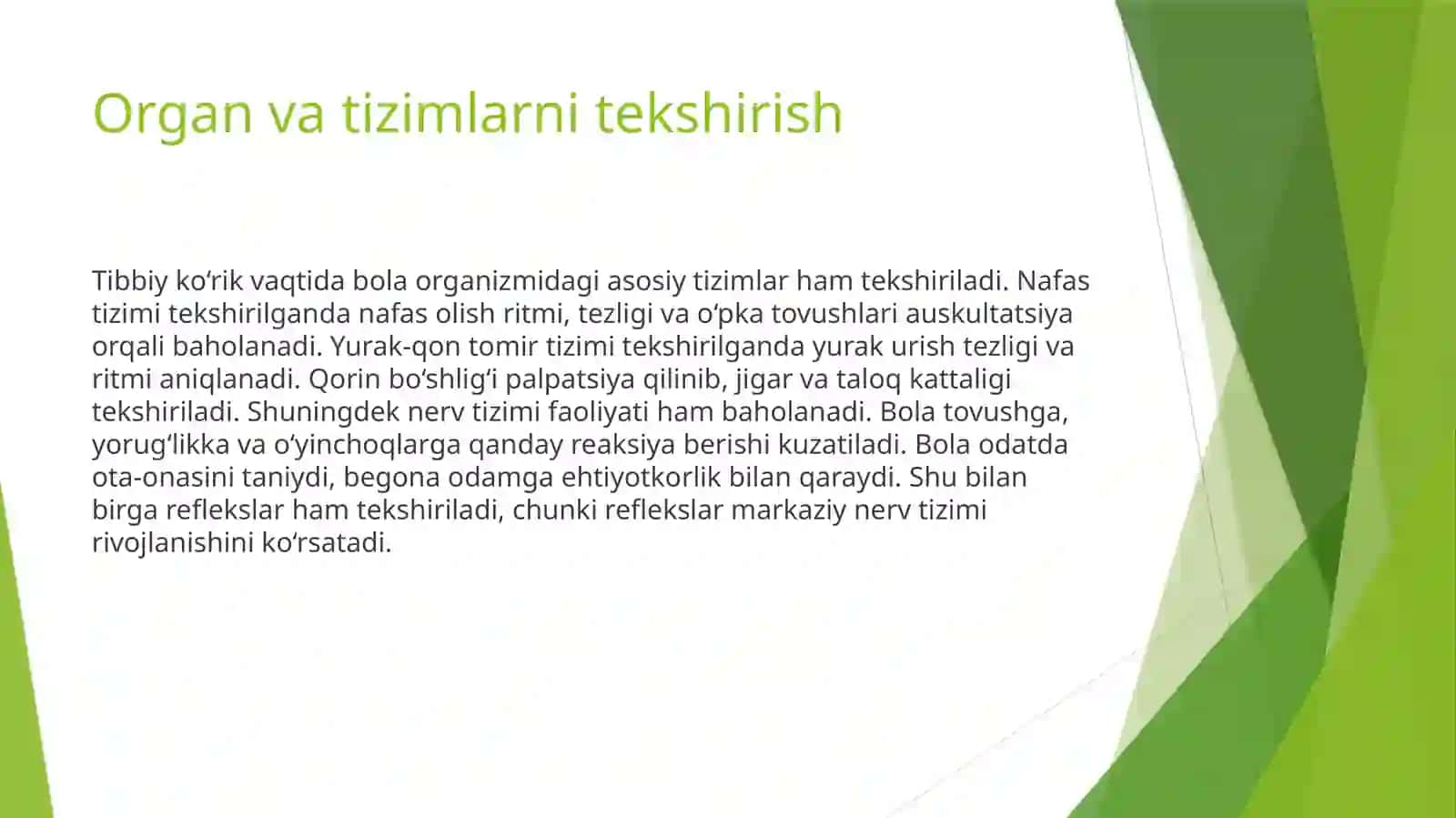 6-7 o'ylik bola ni tibbiy ko'rikdan o'tkazish, refleklar 4