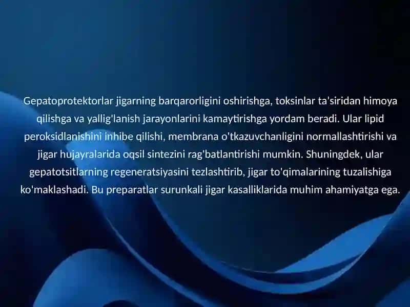 Gepatotrop va o‘t haydovchi dori vositalarining klinik 
farmakologiyasi. Gepatoprotektorlar haqida 4