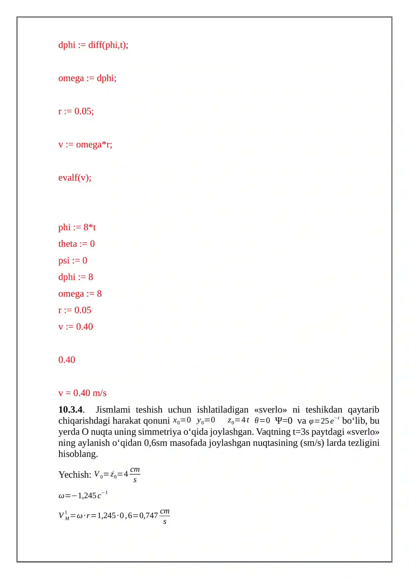 Mexanika masalalarini kompyuterda modellashtirish fanidan Mustaqil ishi 4