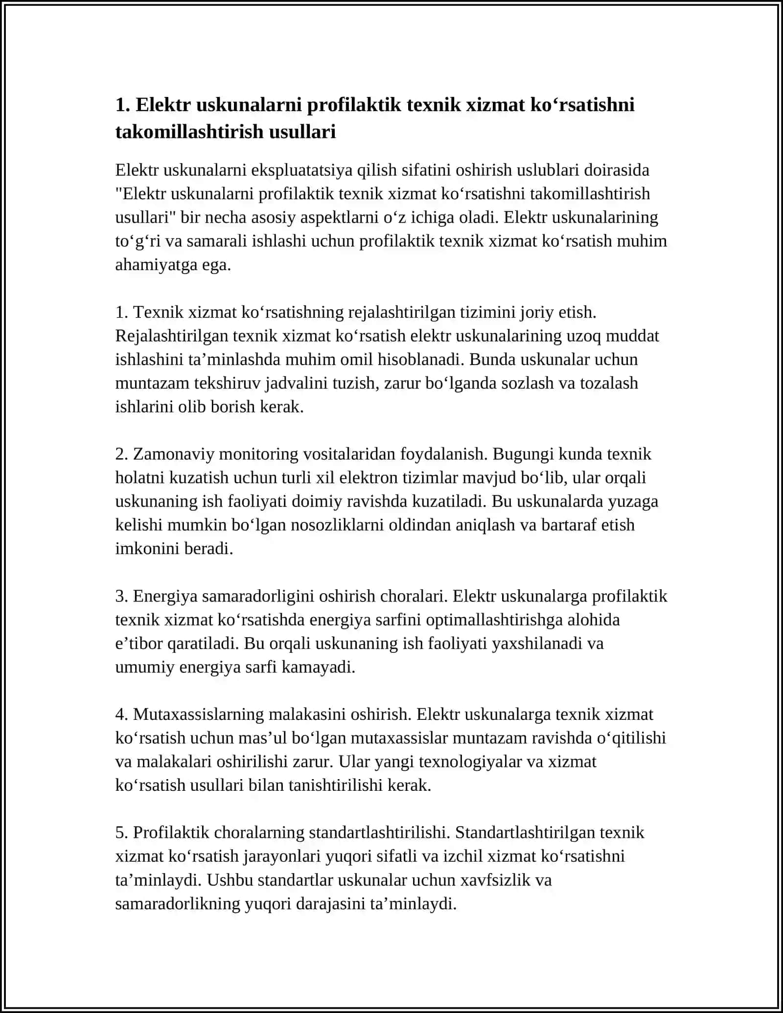 ELEKTR USKUNALARNI EKSPLUTATSIYA QILISH SIFATINI OSHIRISH USLUBLARI 4