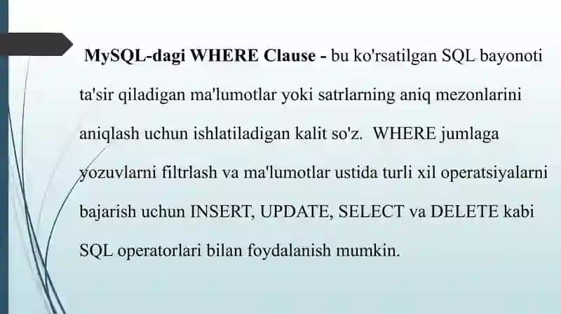 Where bo’limi. Tanlash shartlari .Order by bo’limi. Natijani tartiblash. 4