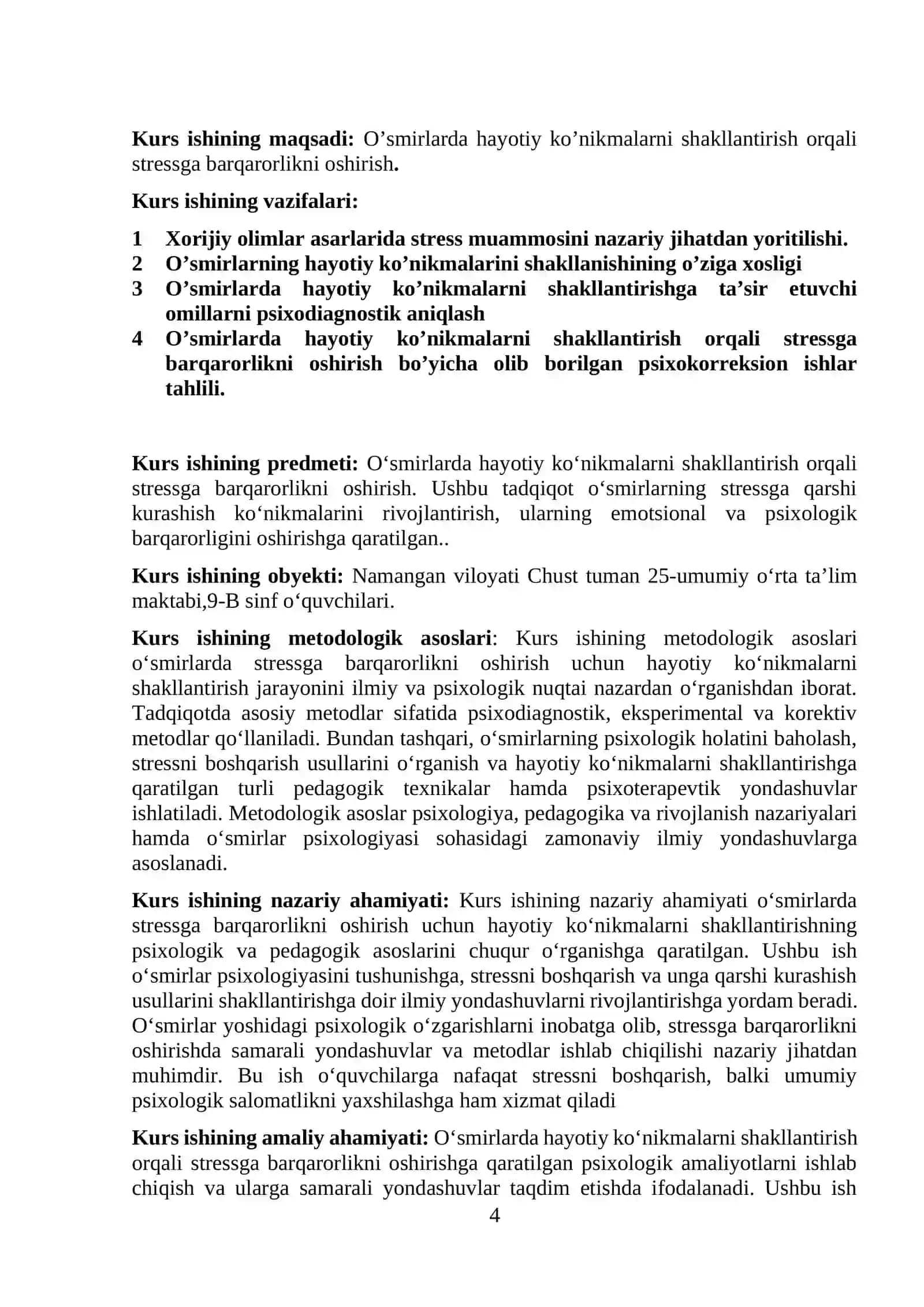 "O'SMIRLARDA HAYOTIY KO’NIKMALARNI SHAKLLANTIRISH ORQALI STRESSGA BARQARORLIKNI OSHIRISH" KURS ISHI 4