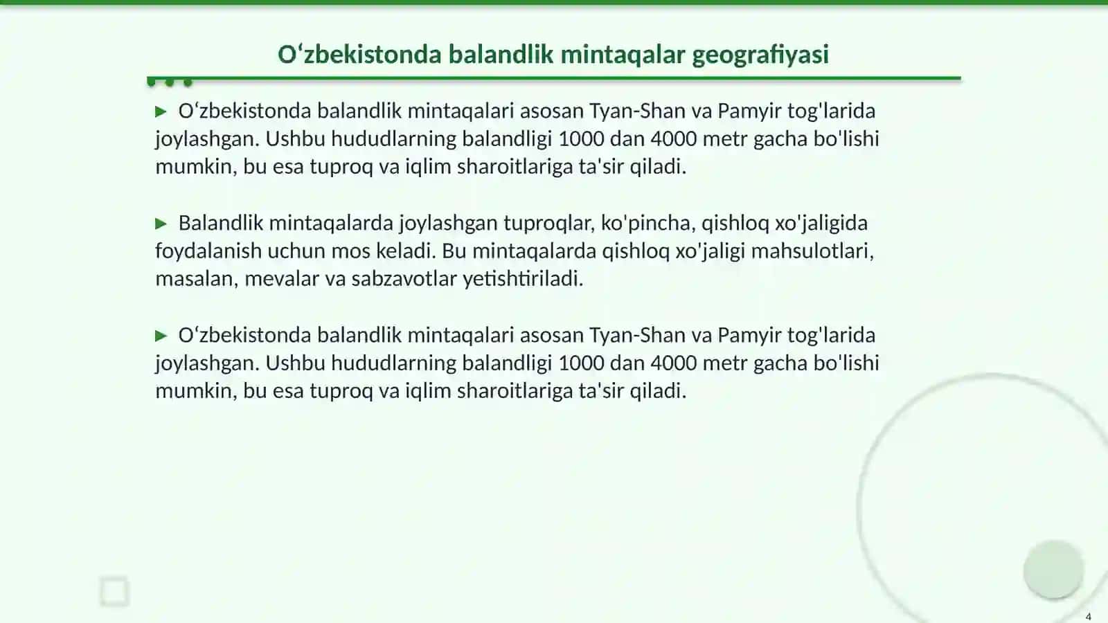 Oʻzbekistonning balandlik mintaqasi tuproqlari joylashuvi geografiyasi 4