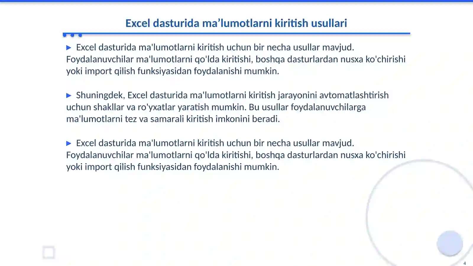 Excel dasturida avtotoʻldirishlar va avtohisoblashlar 4
