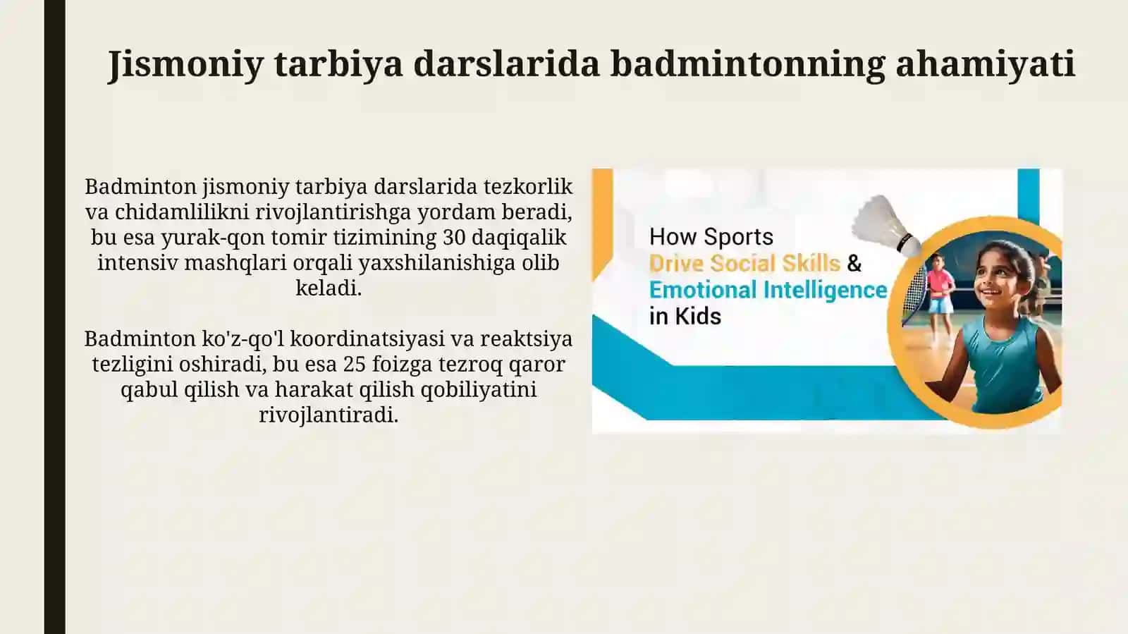 Badminton sport turini jismoniy tarbiya darslariga integratsiya qilish 4